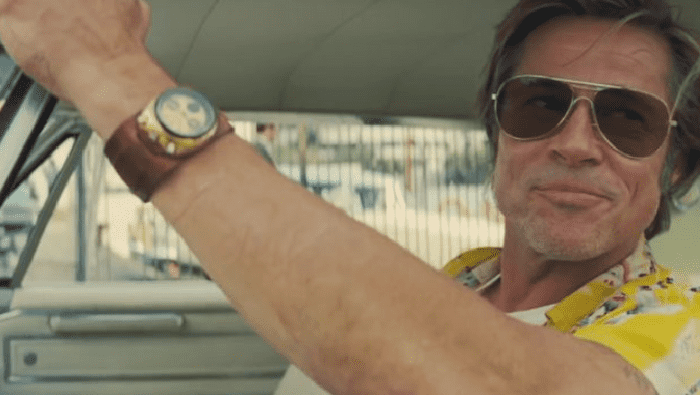 Brad Pitt's shiny Citizen 8110 Bullhead vintage watch on a thick brown leather strap in Once Upon A Time in Hollywood